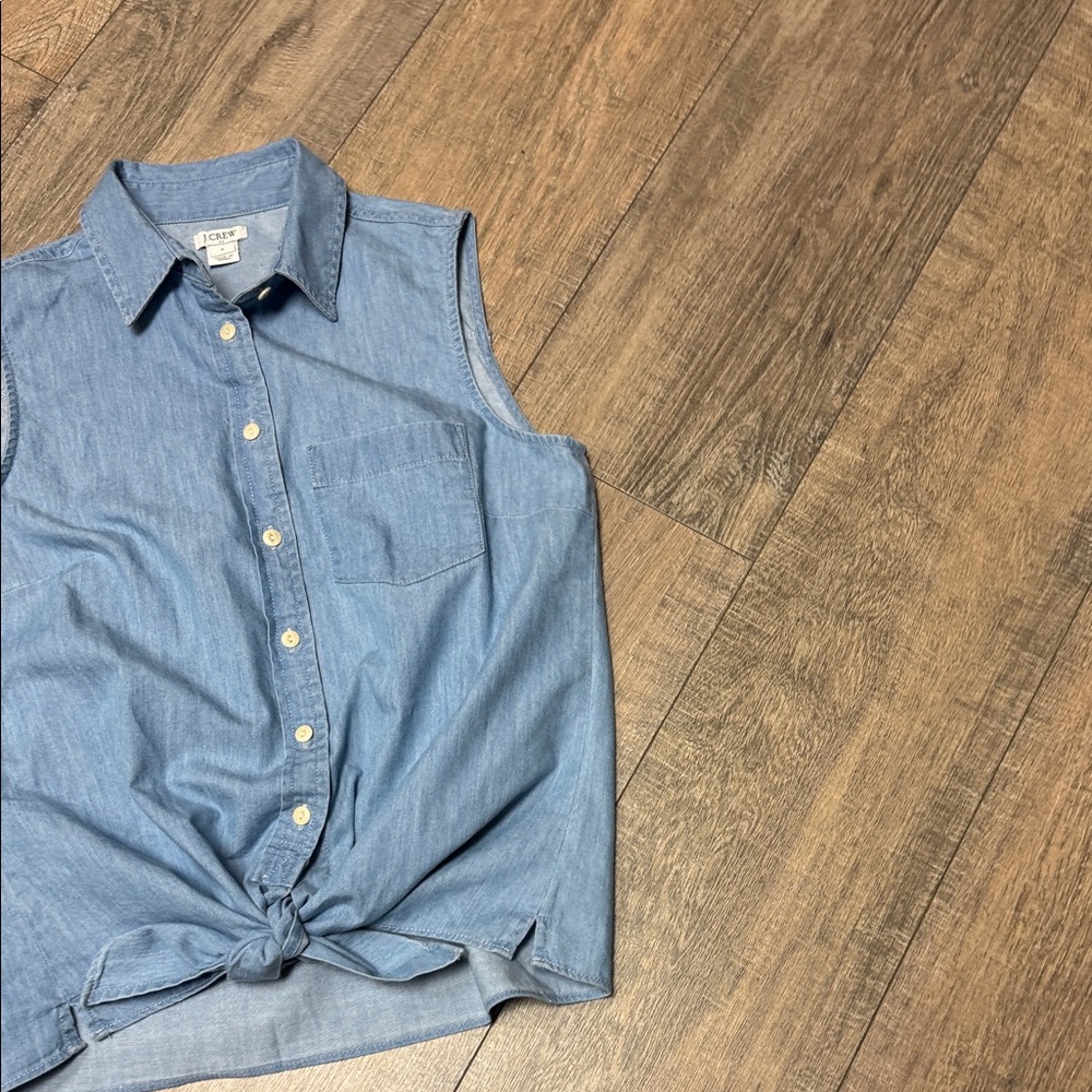 NWOT J. Crew Blue Sleeveless Chambray Tie-Front Button-Up Cotton Top - Picture 6 of 10